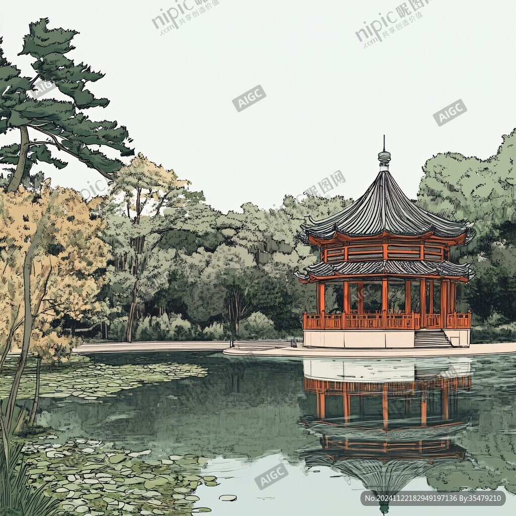 插画爱晚亭