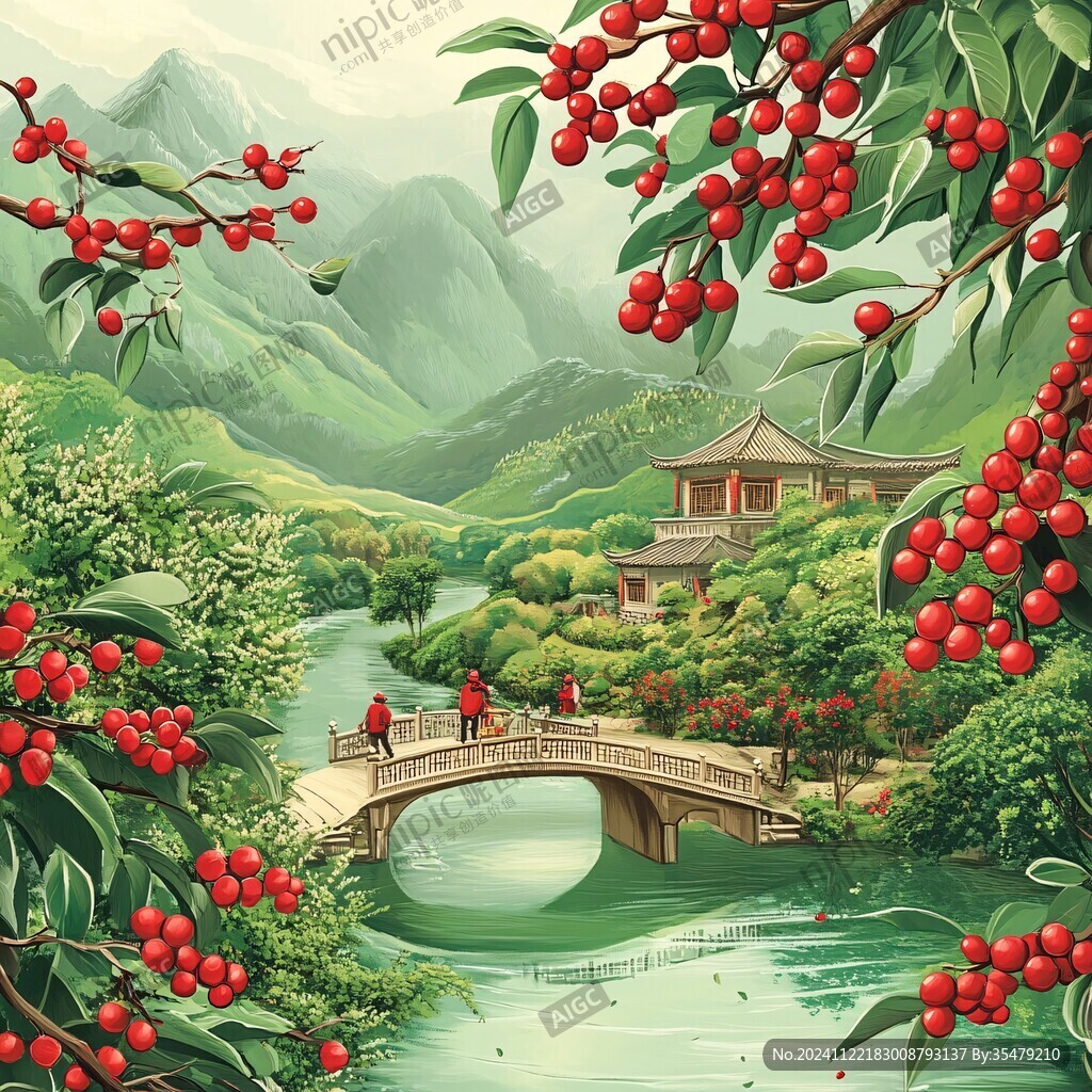 山水枸杞插画