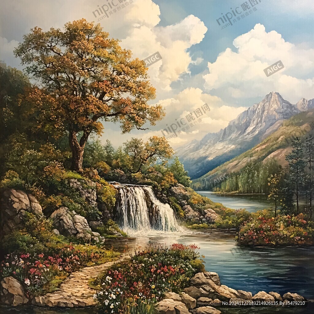 山水风景油画瀑布