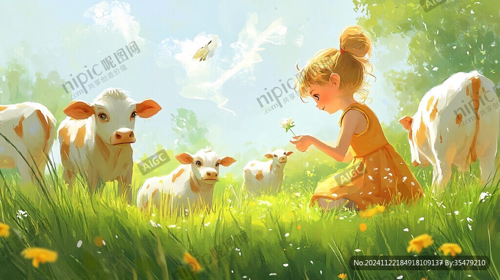 小孩放牛插画
