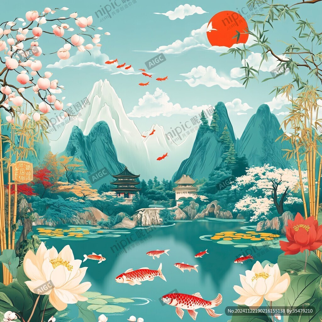 复古仙鹤聚宝盆山水