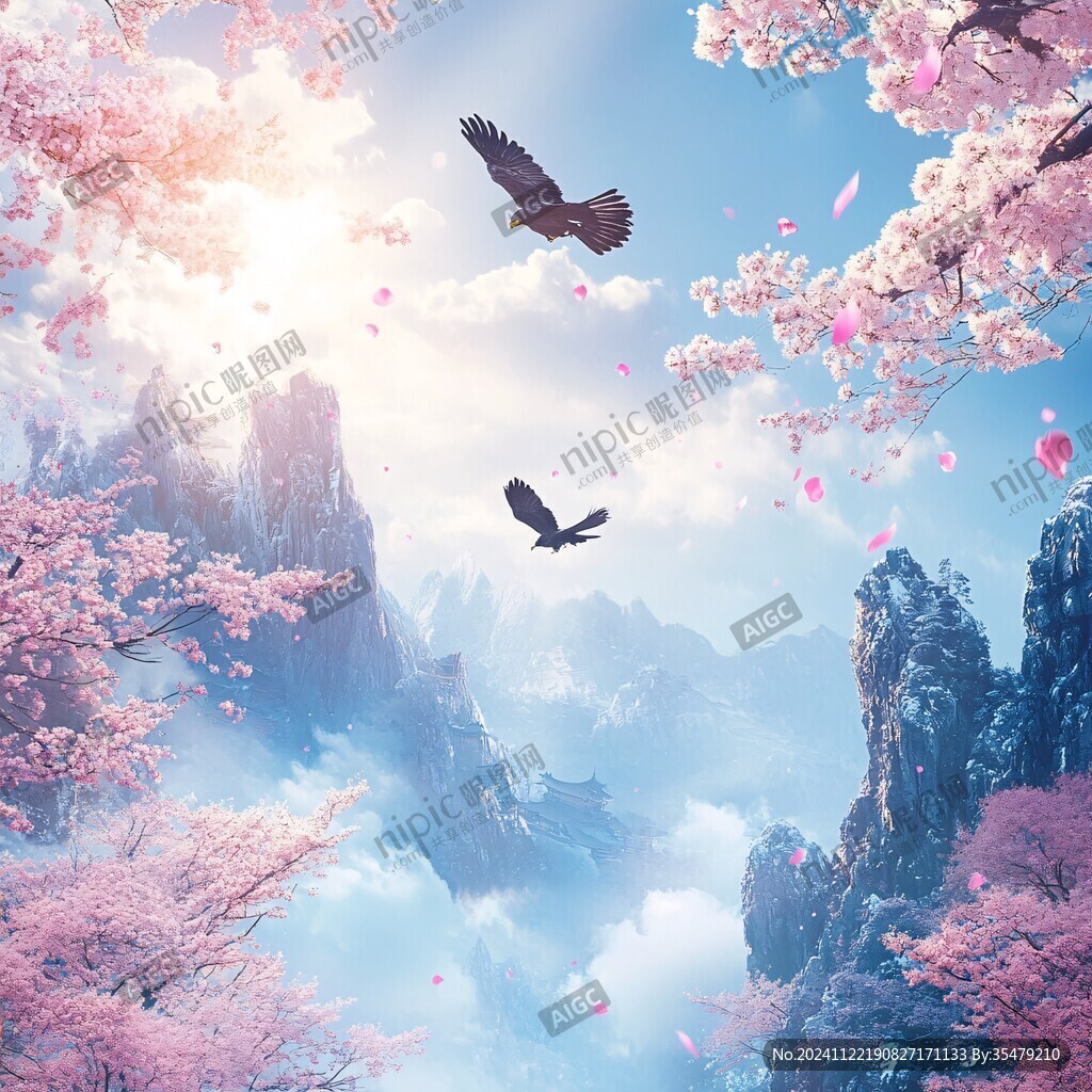 飞鸟立在樱花树上