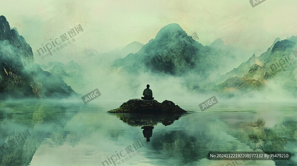 静坐打坐水墨山水