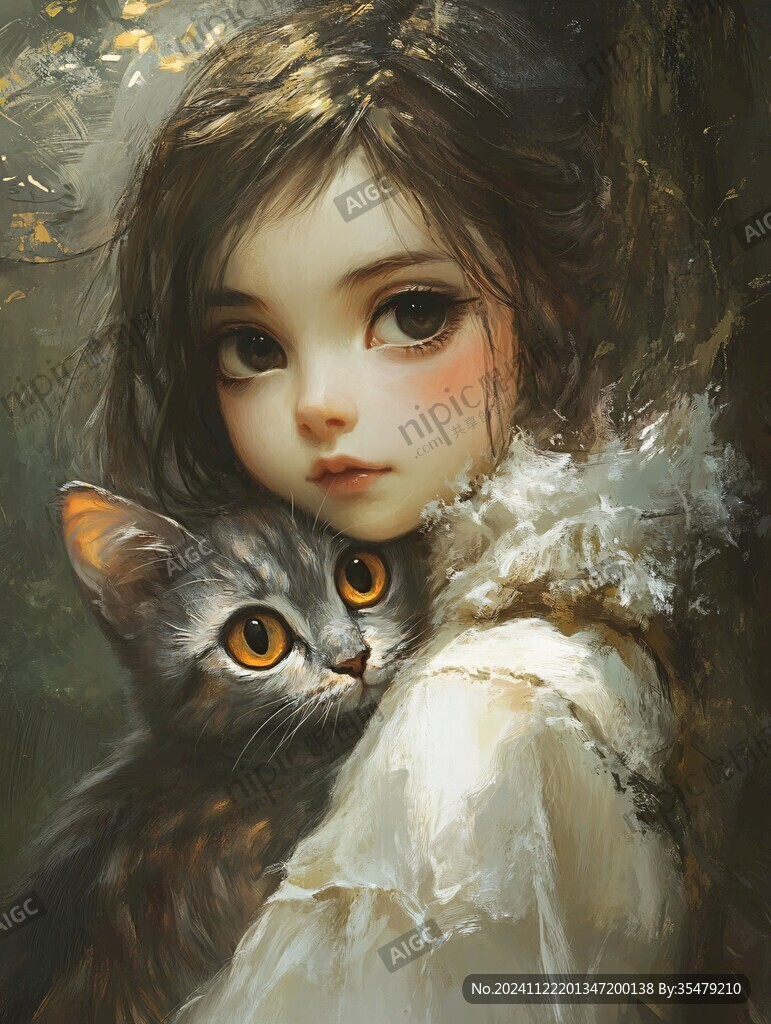 撸猫少女插画