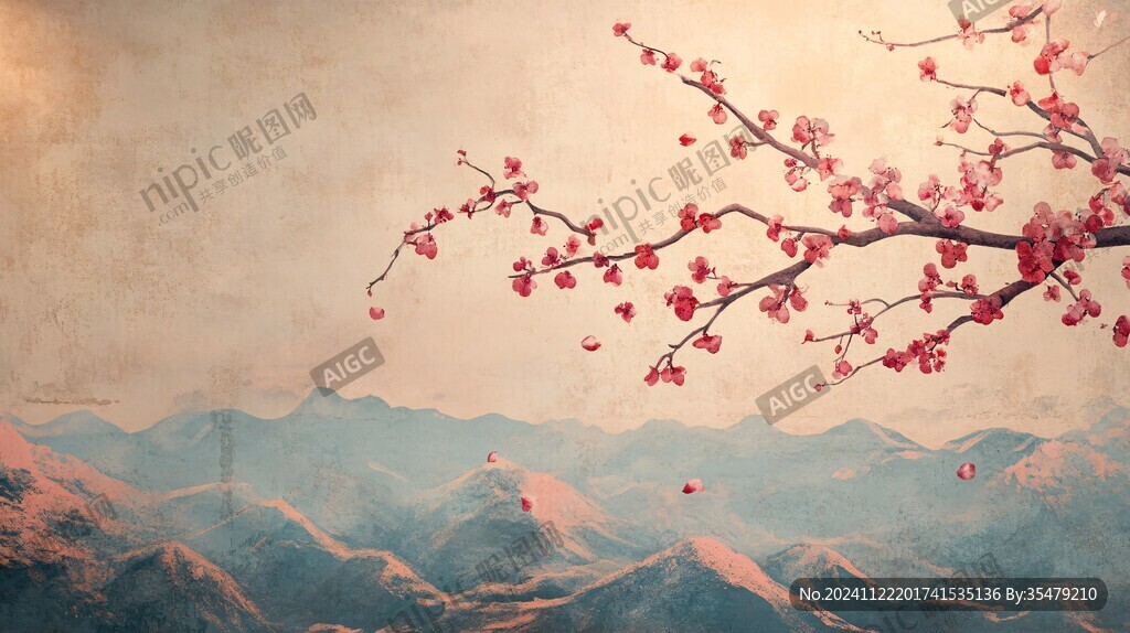 工笔红梅山水画