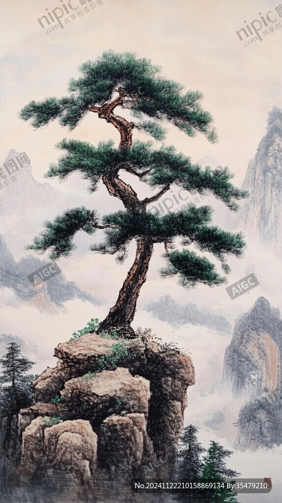 迎客松油画