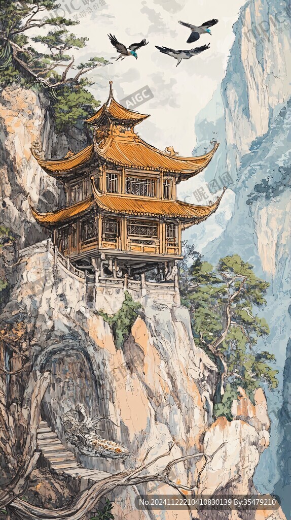仙鹤楼阁山水插画