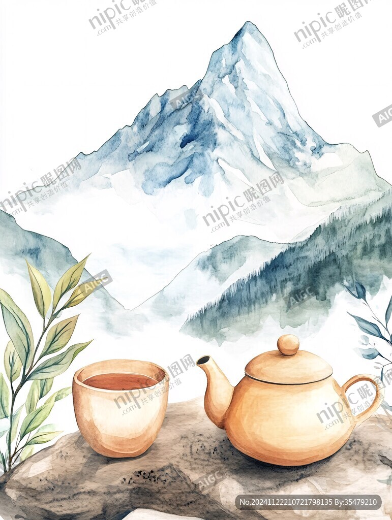 山水画茶树茶杯茶园