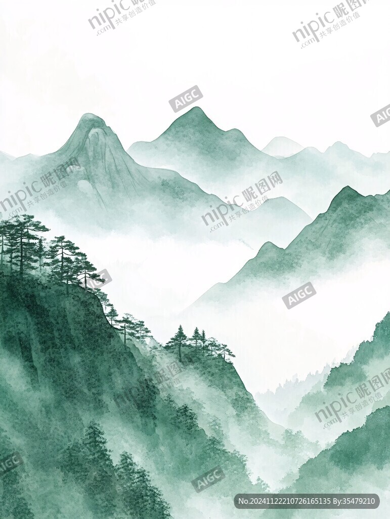 绿色水墨山峰背景