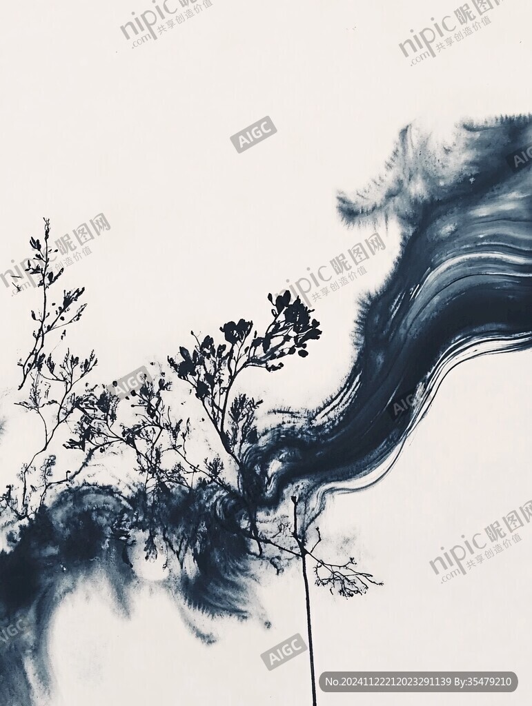 水墨蓝色墙画