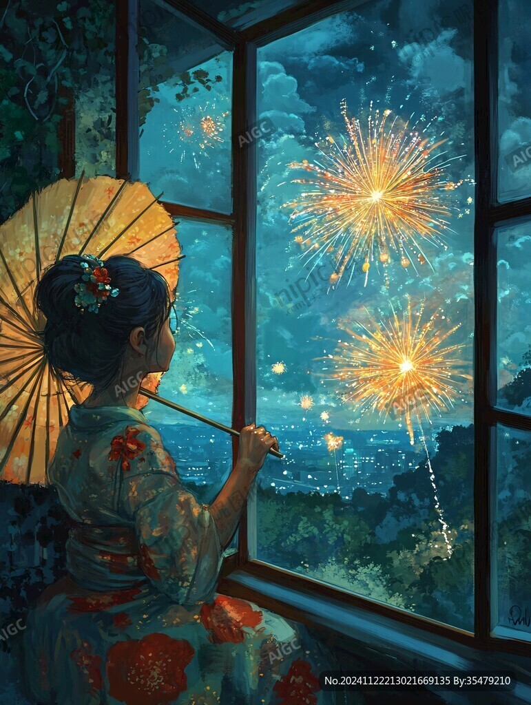 赏烟花插画