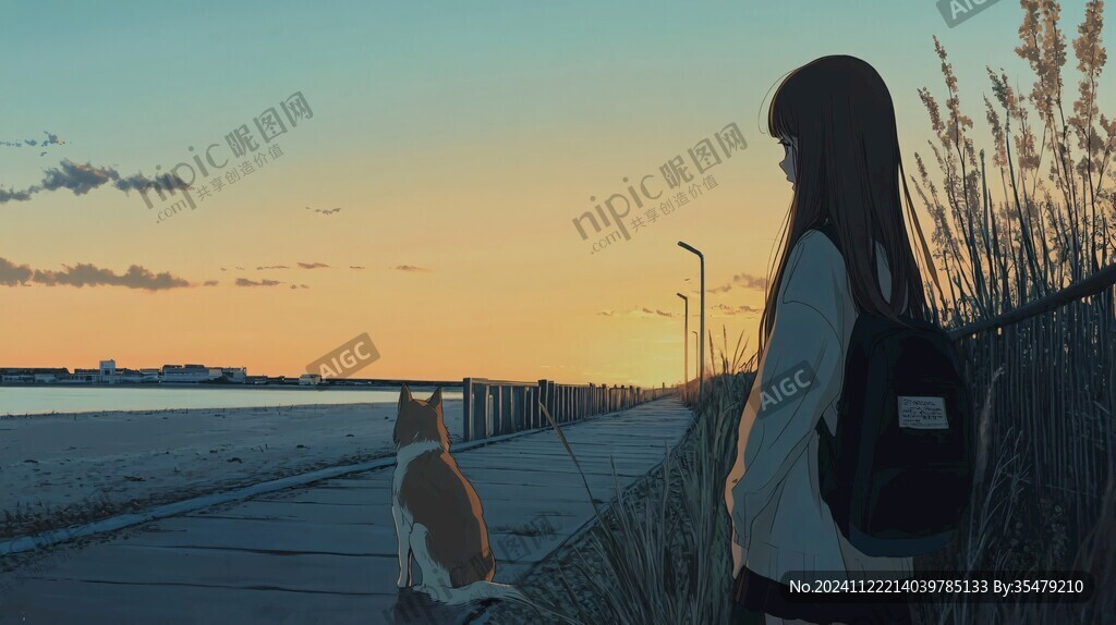 插画夕阳下