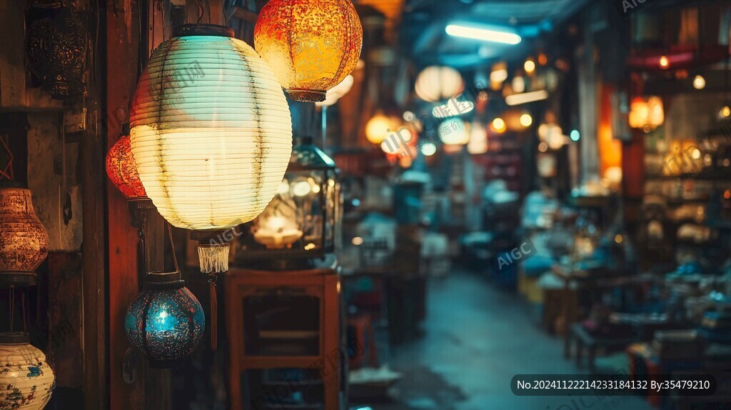 古镇夜景复古灯笼
