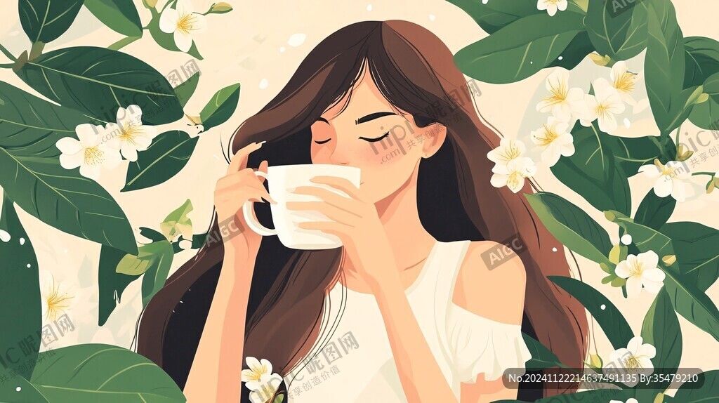 茉莉花茶女孩插画