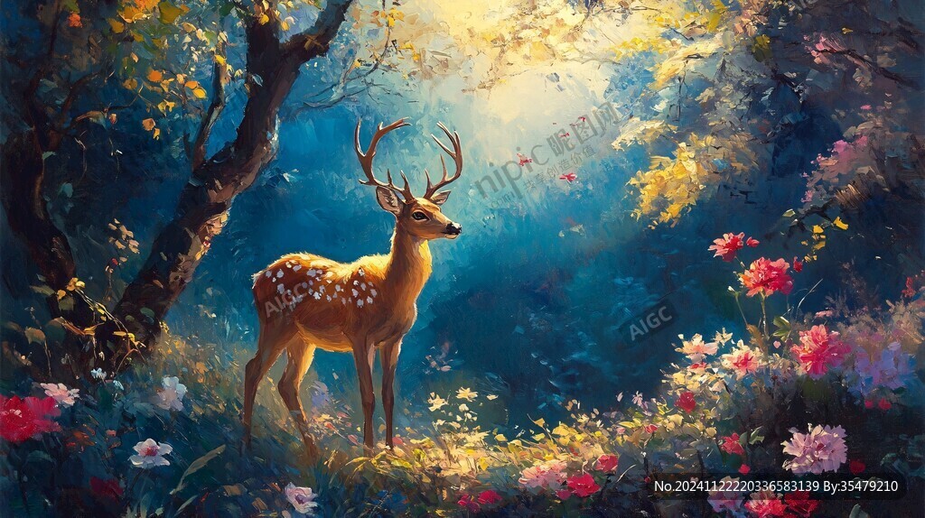 山峰山水画油画梅花鹿