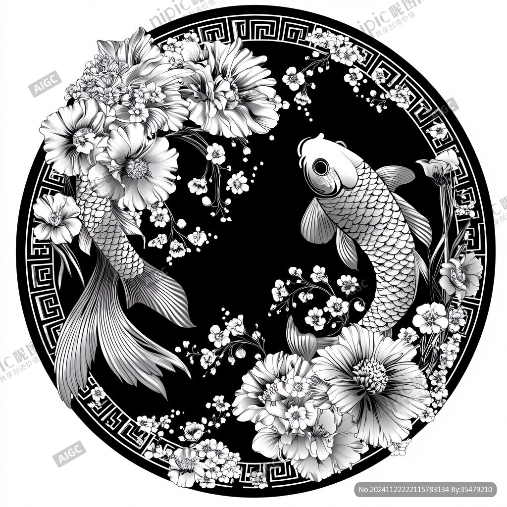 黑白手绘鲤鱼