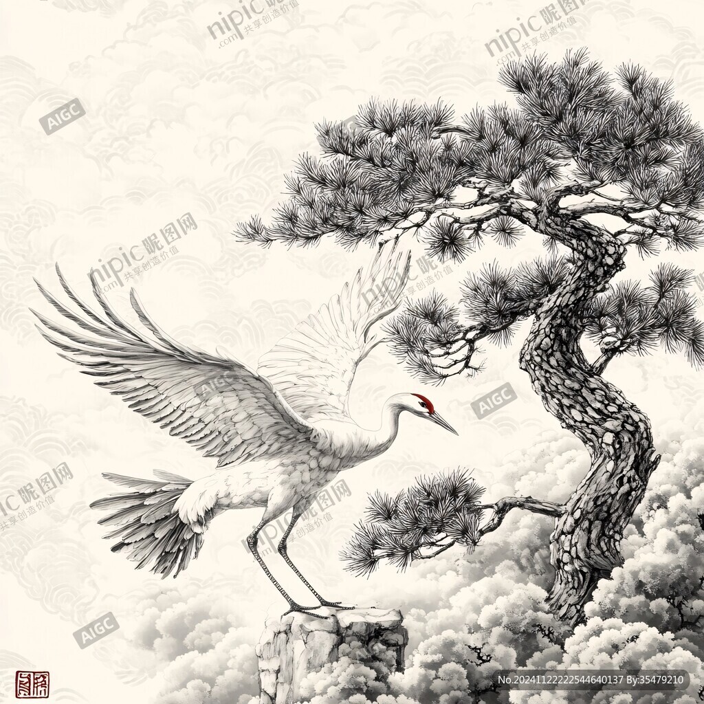 手绘工笔松树仙鹤
