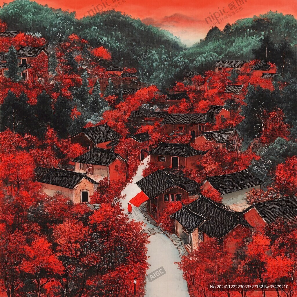 中式民居红枫树