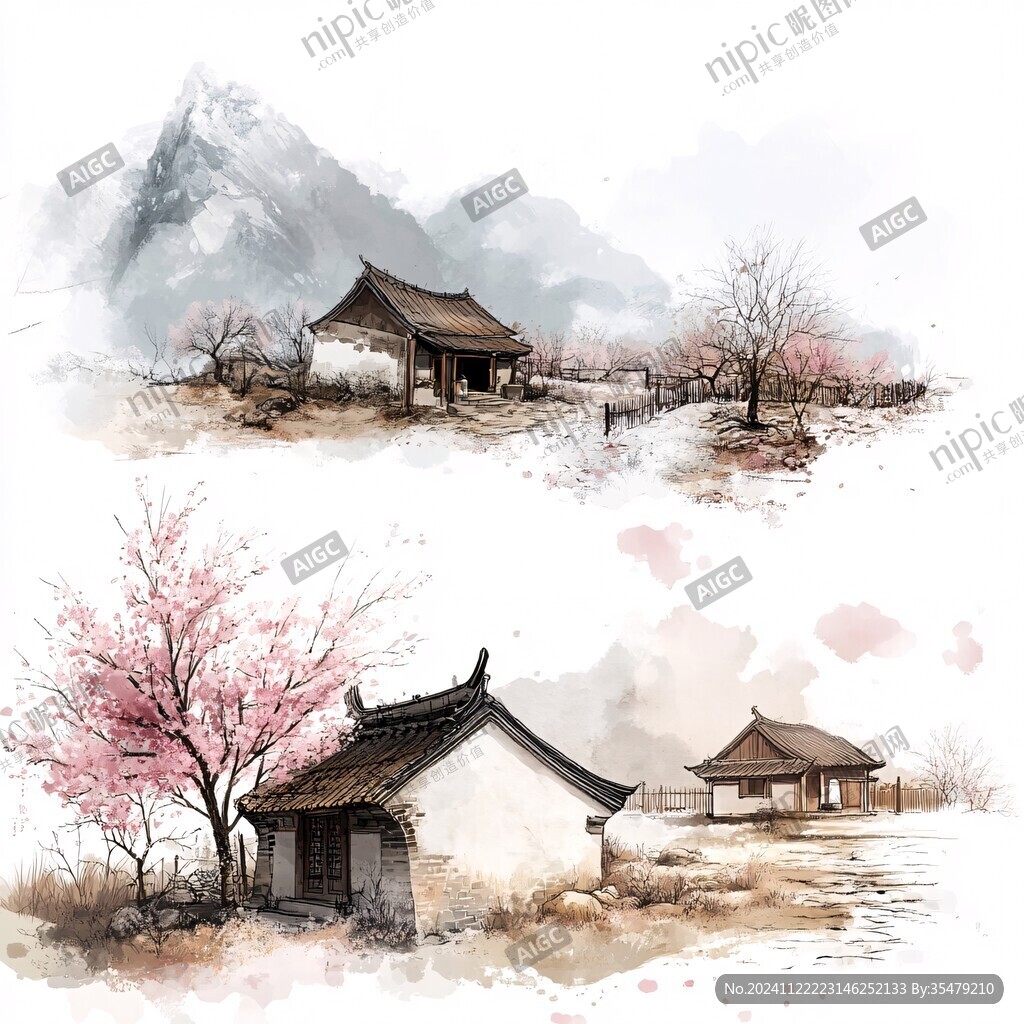 桃花源记古风山水插画