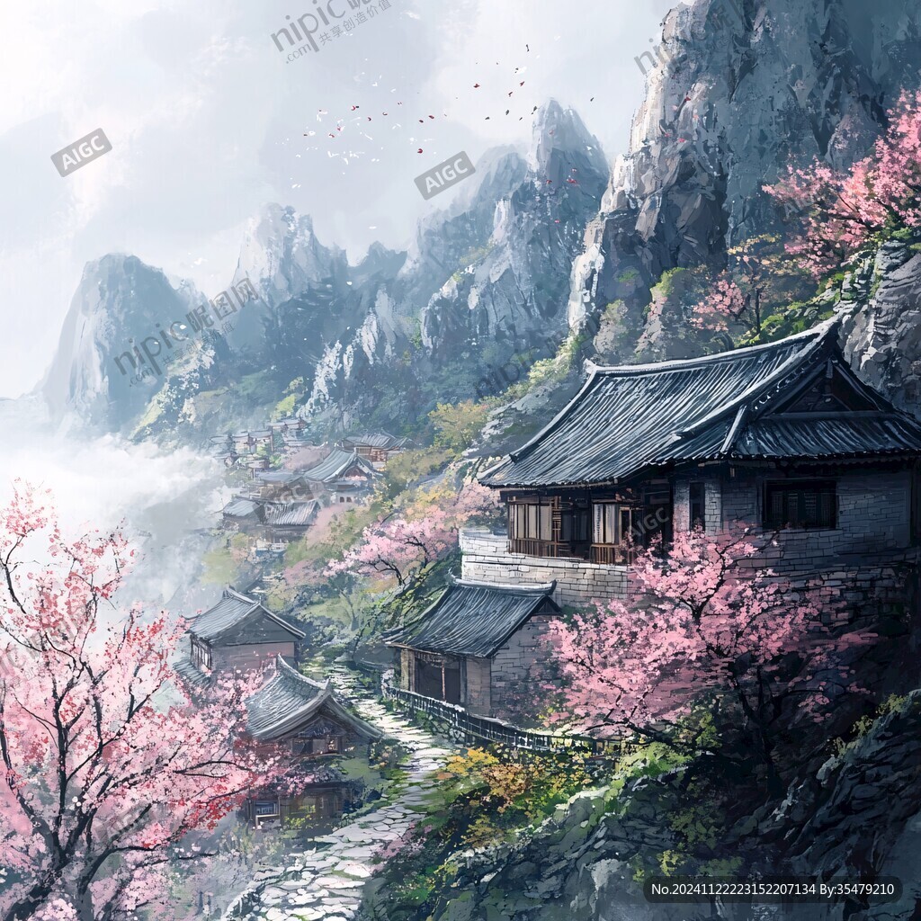 桃花源记古风山水插画