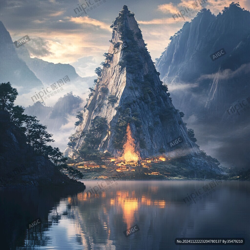 禅境山峰湖泊河流鹿树