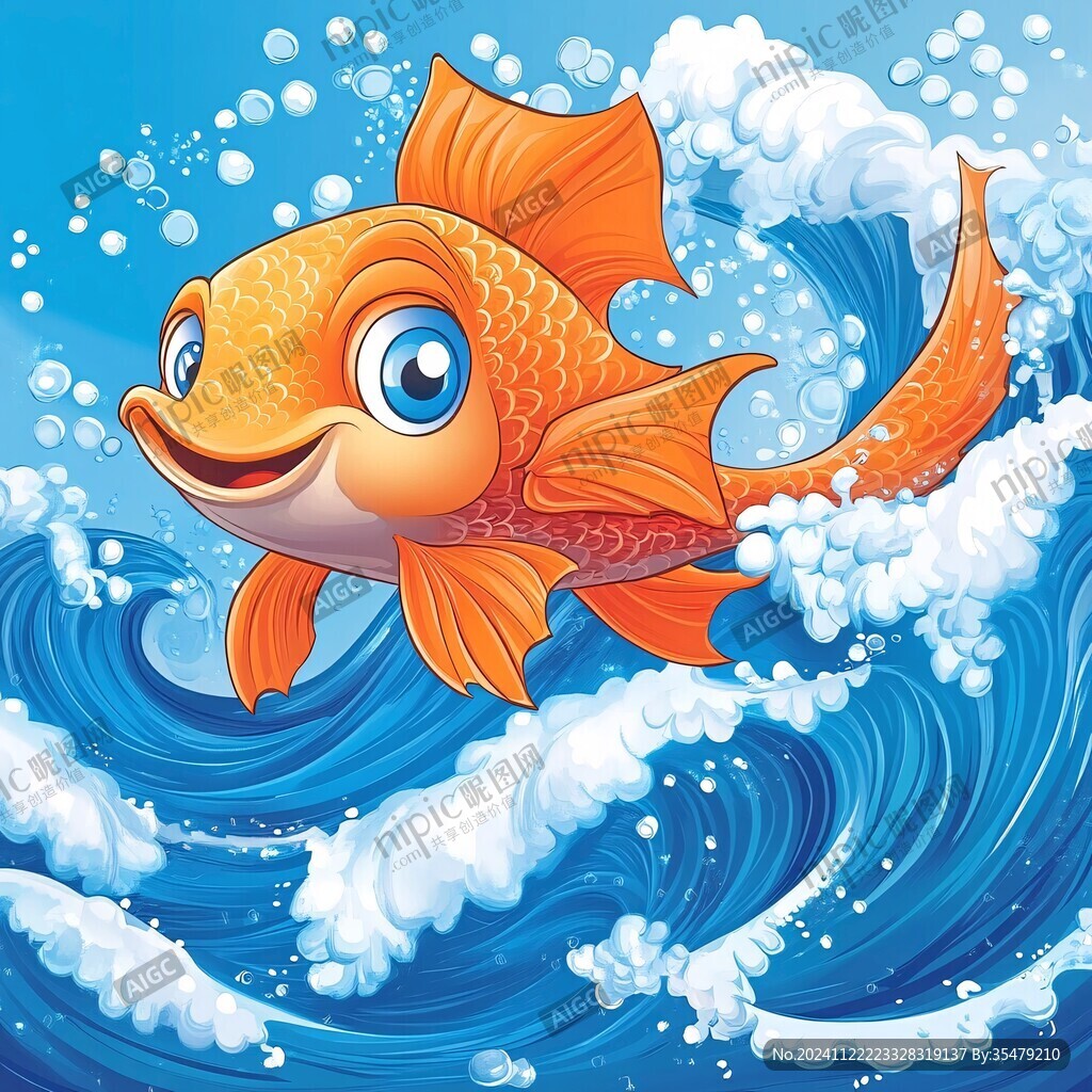 手绘金鱼海浪