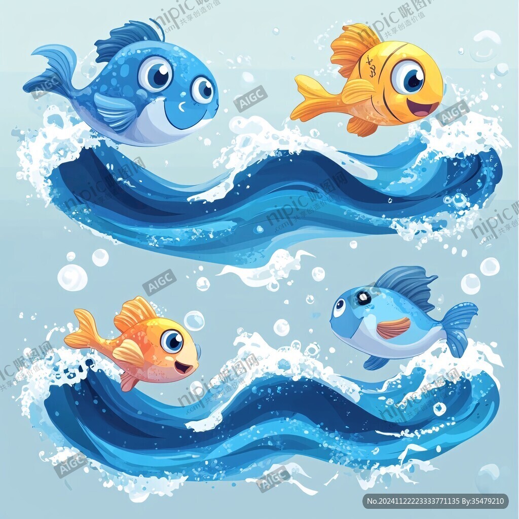 手绘金鱼海浪