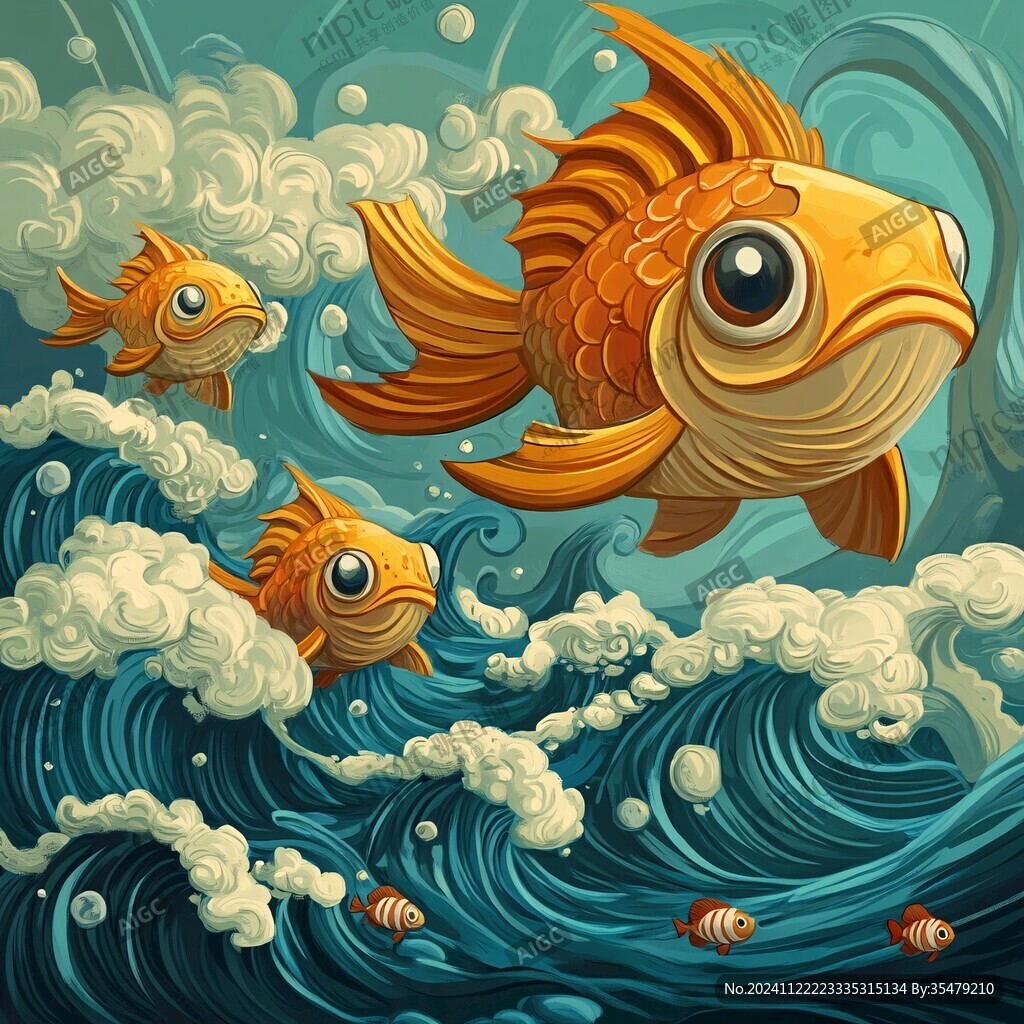 手绘金鱼海浪