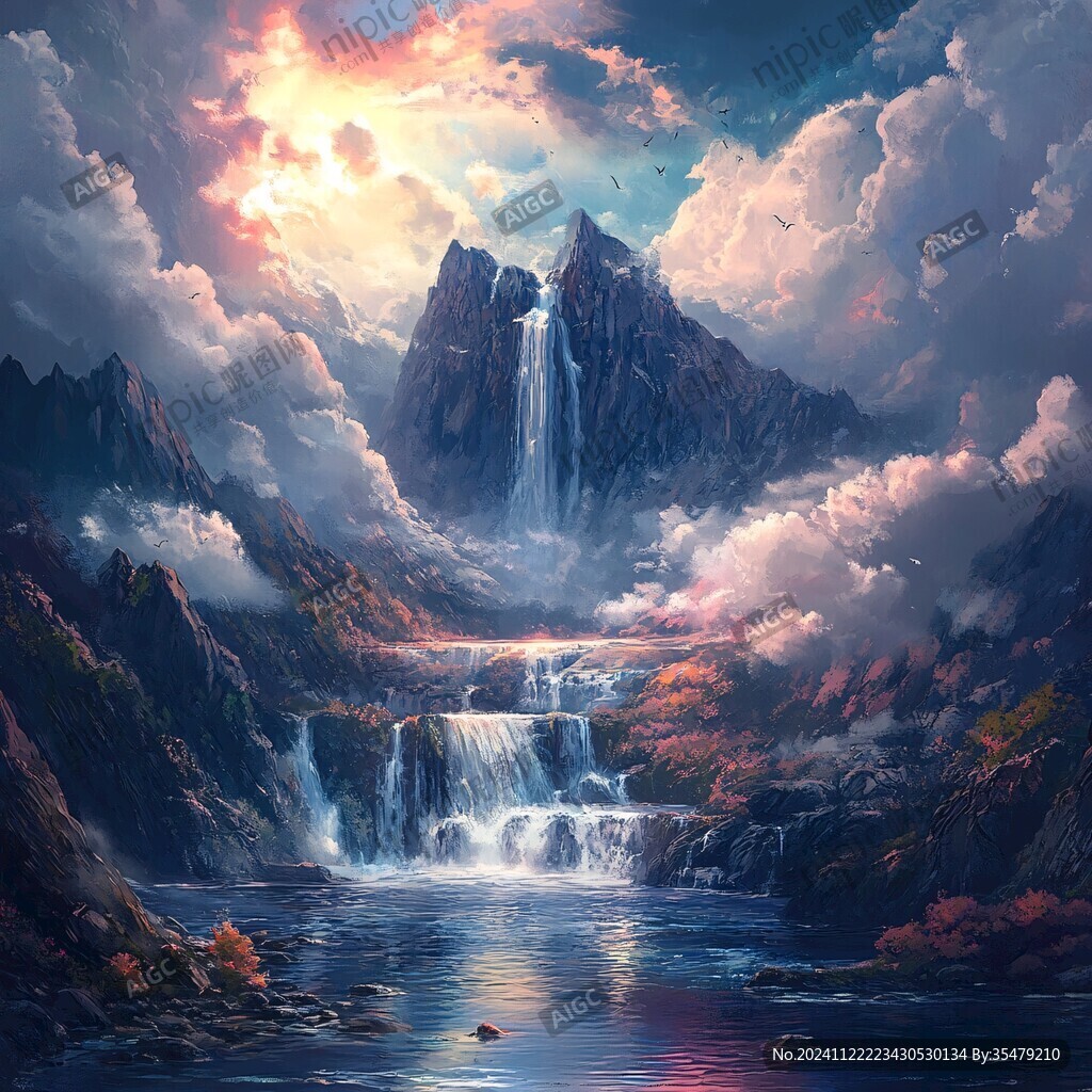 山水风景油画瀑布