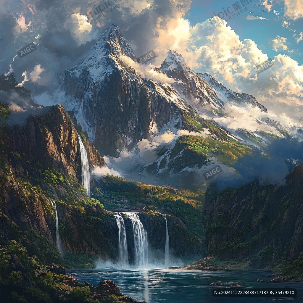 山水风景油画瀑布