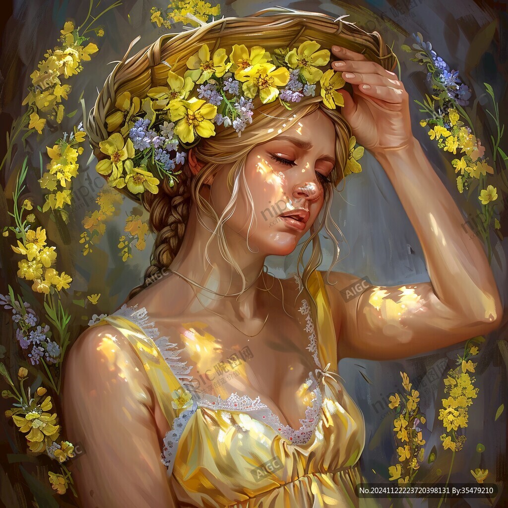 手绘采花女