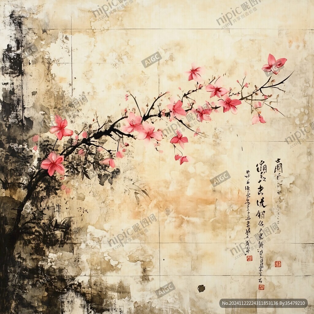 工笔手绘红墙梅花