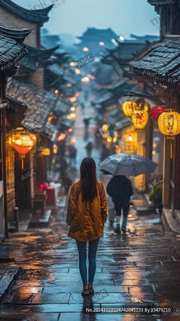 打伞走过古街道的女人