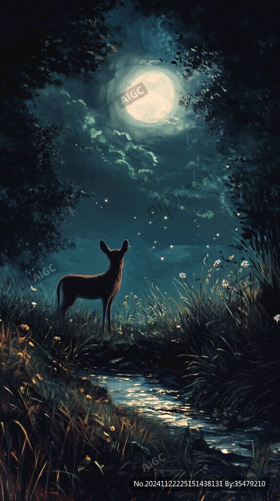 森林梅花鹿石头夜景