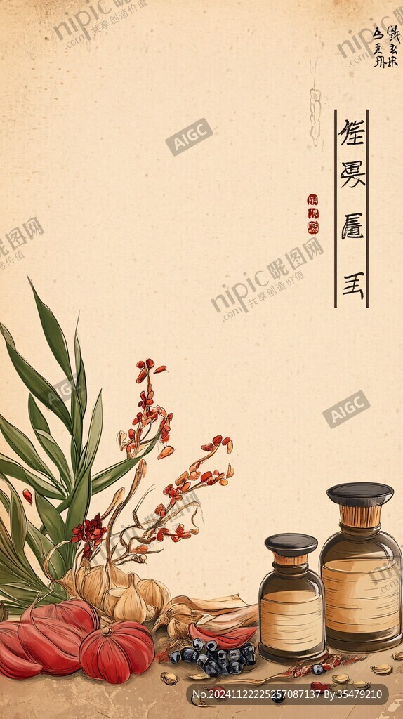 人参灵芝石斛中医插画