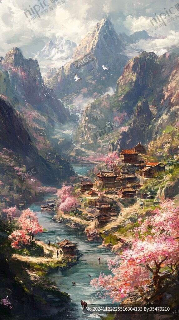 桃花源记古风山水插画