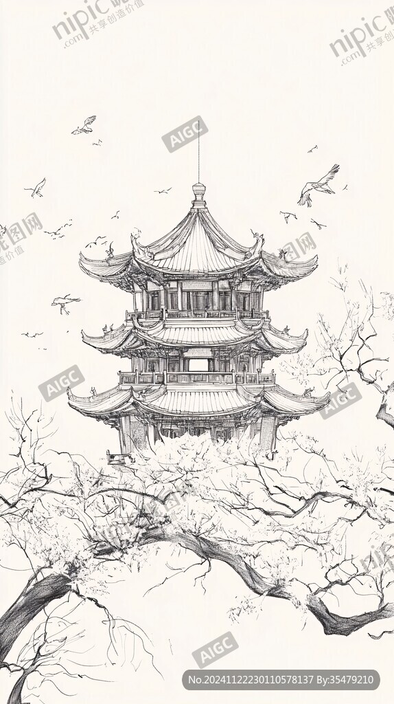 鹤雀楼线稿