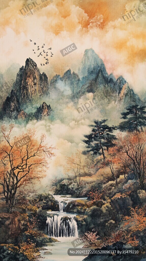 手绘风景画烟雾山水画