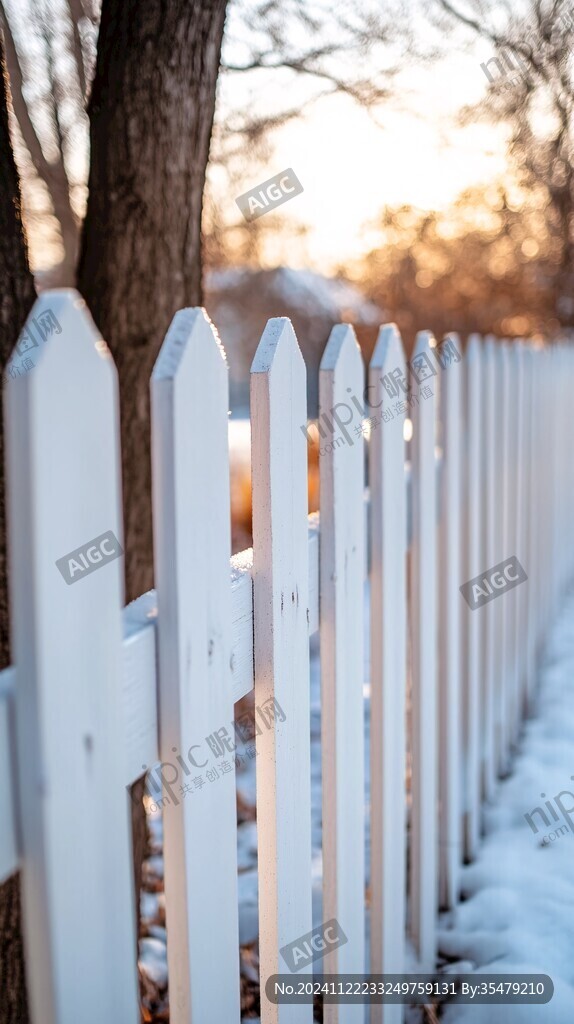 雪景篱笆院日出