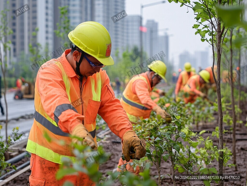 工人栽种绿化带