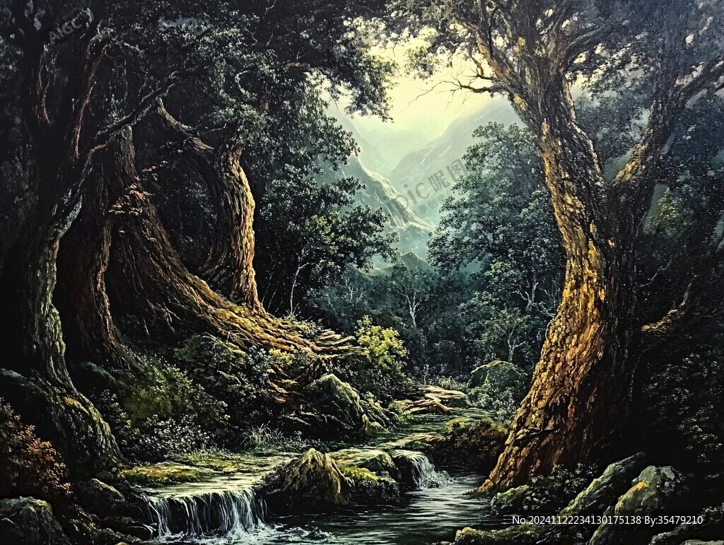 森林小溪油画