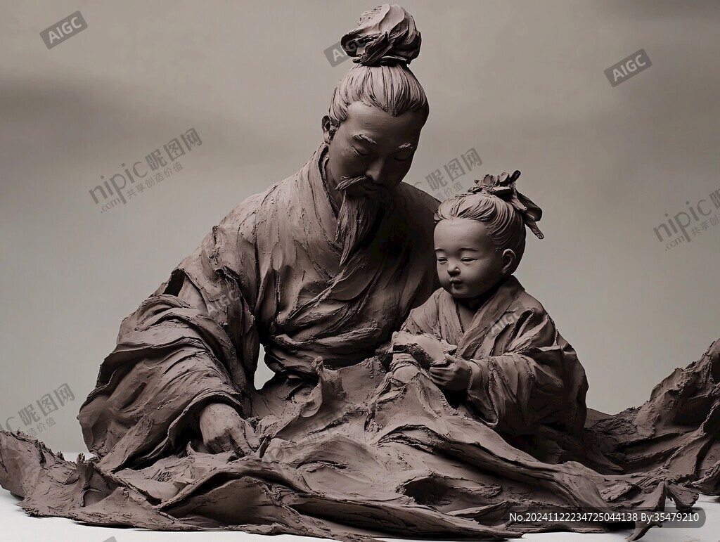 魏晋隐士及书童泥塑