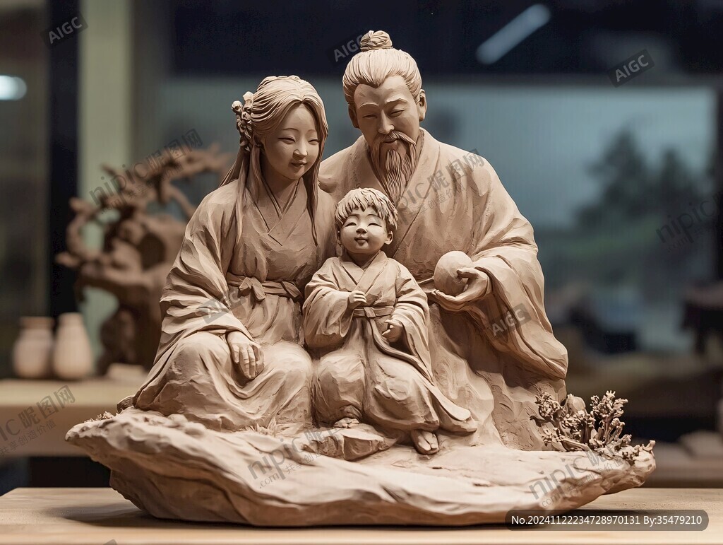魏晋隐士及书童泥塑