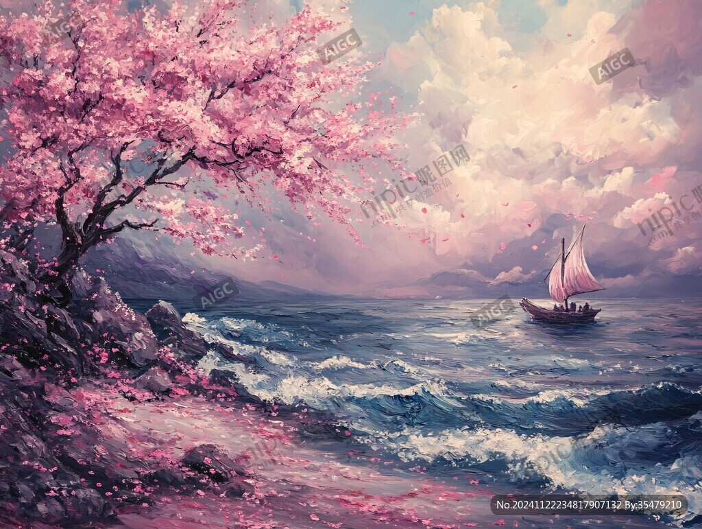 桃花风景油画