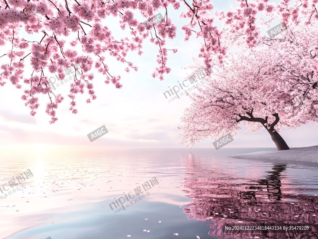 湖边樱花树