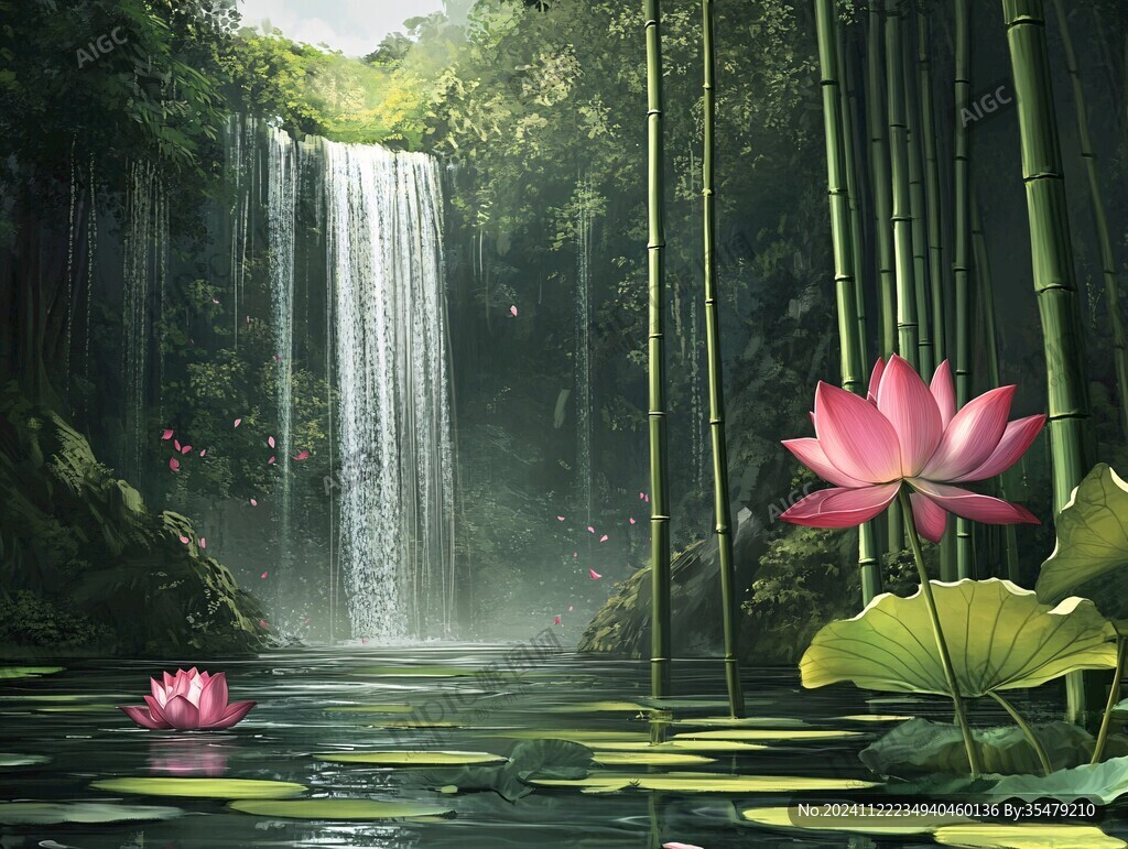 春天竹林瀑布晨曦唯美