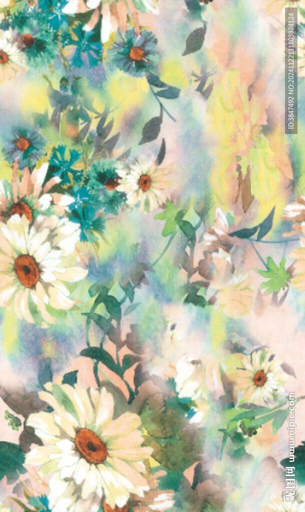 水彩花和叶子扎染印花