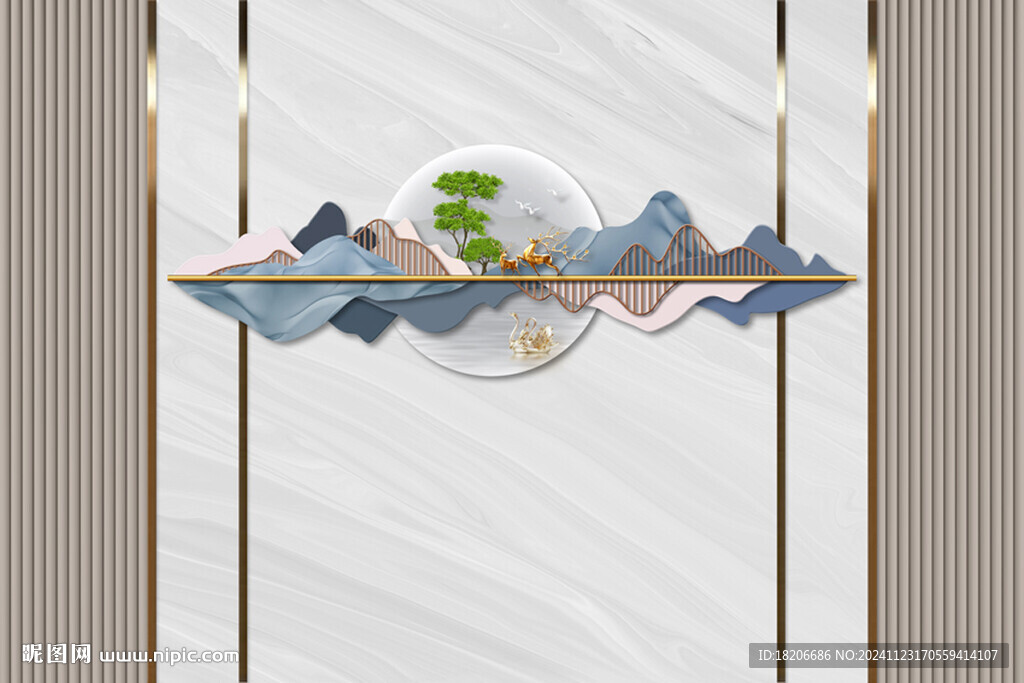 中式格栅硬包山水形象墙