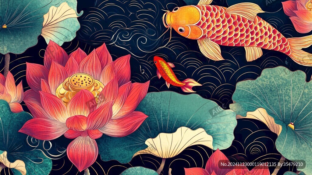 鲤鱼荷花插画