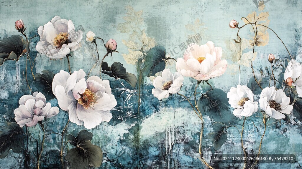 蓝色荷花壁画
